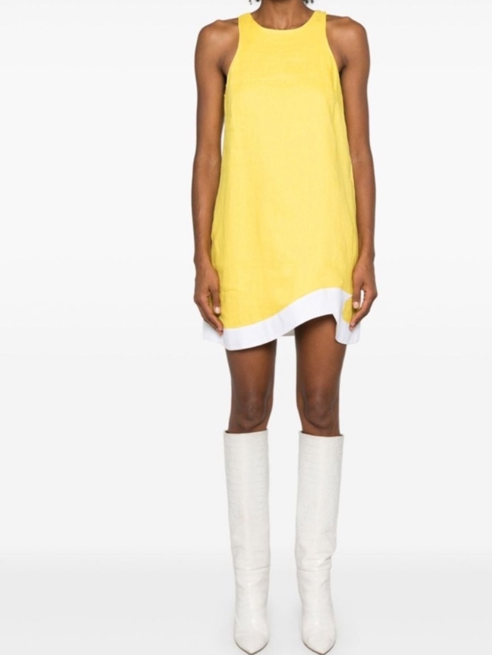 STAUD Allori Yellow 100% Linen Sleeveless Dress White Hem Interior Lining XS